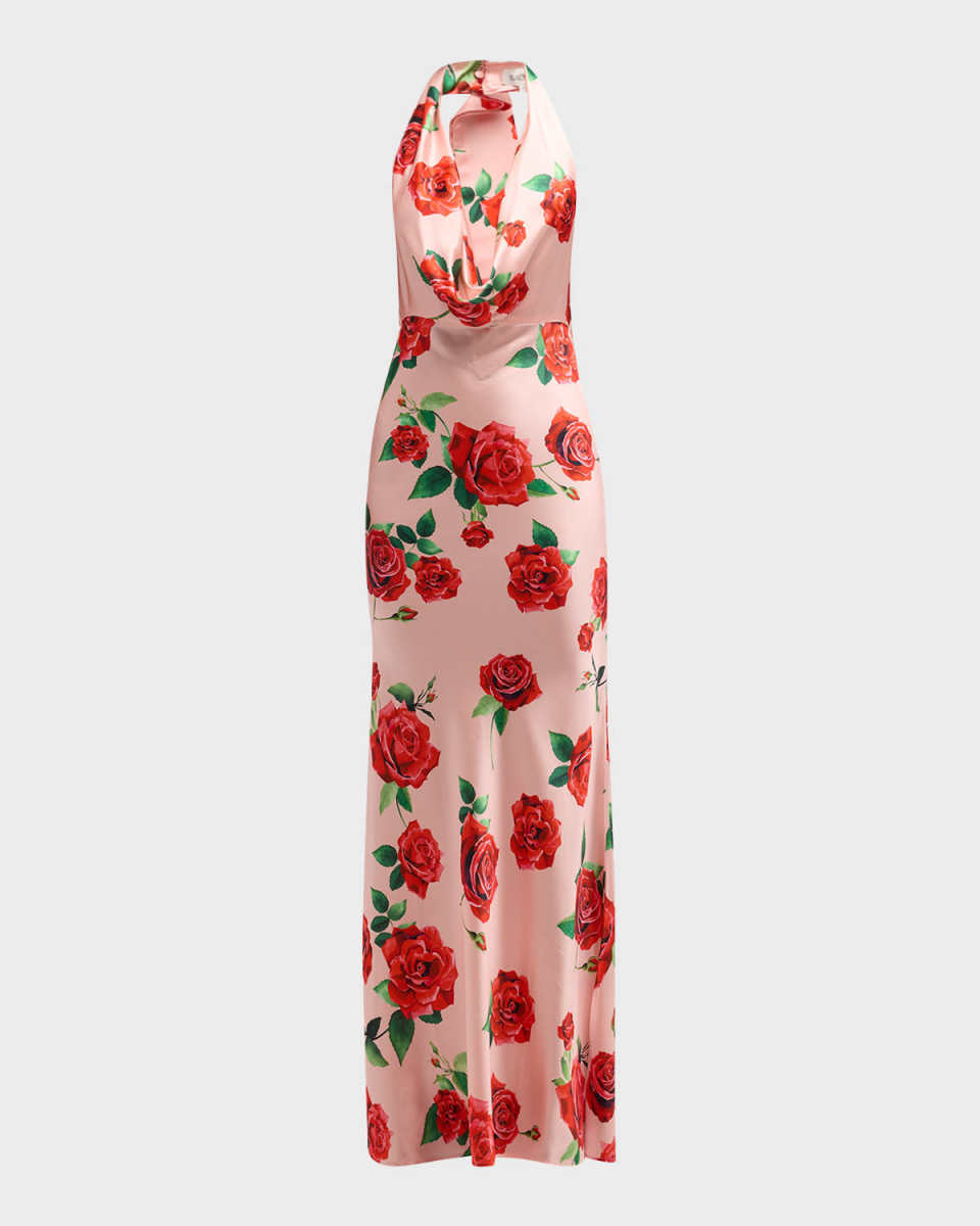 Presley Backless Floral Satin Halter Gown