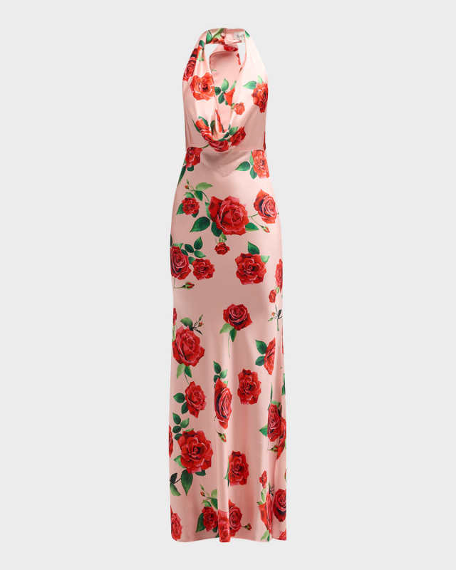 Presley Backless Floral Satin Halter Gown