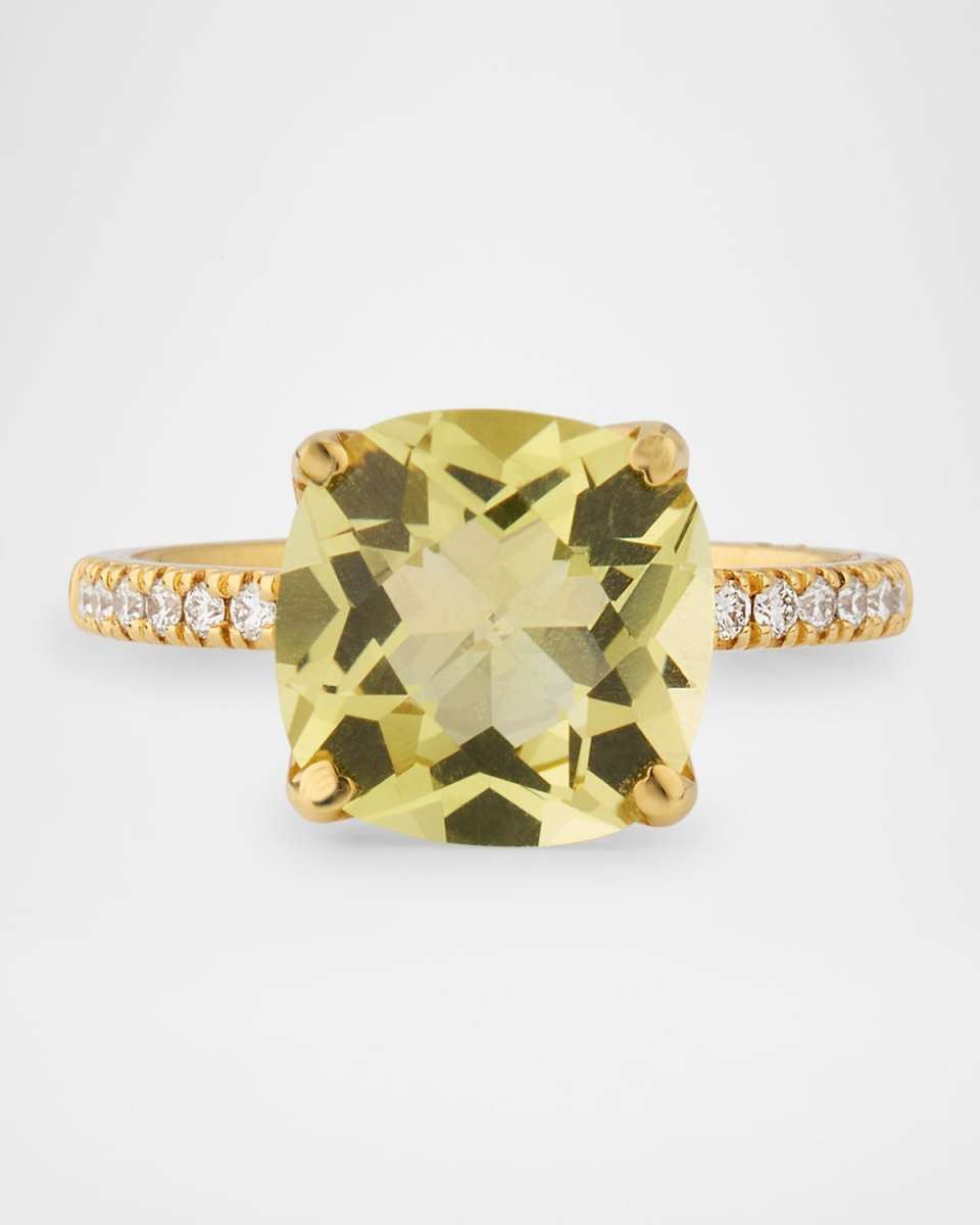 Rocks 18K Yellow Gold Cushion Cut Lemon Quartz and Pavé Diamond Cocktail Ring, Size 6