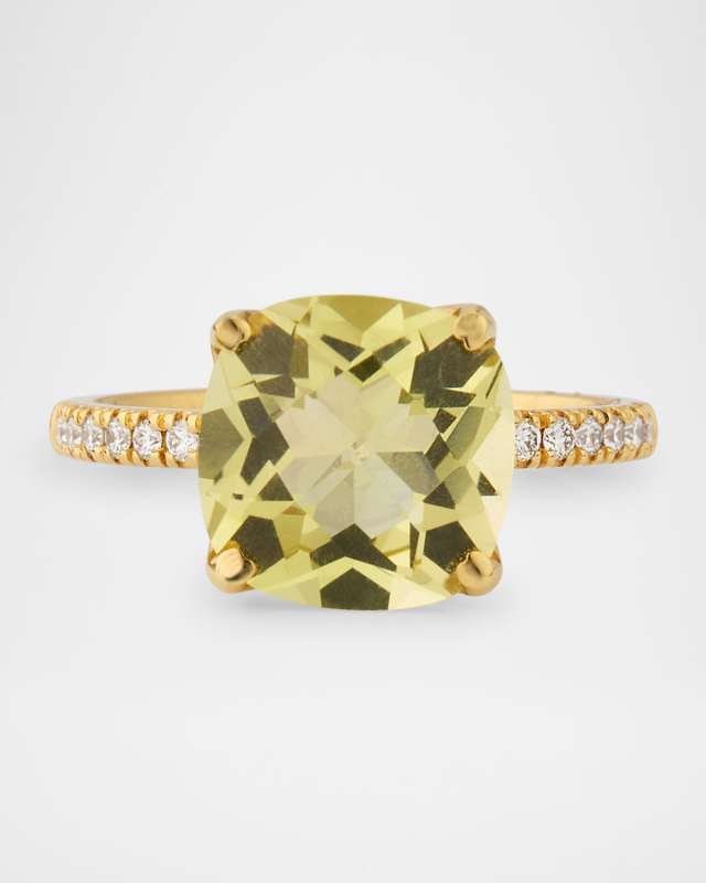 Rocks 18K Yellow Gold Cushion Cut Lemon Quartz and Pavé Diamond Cocktail Ring, Size 6