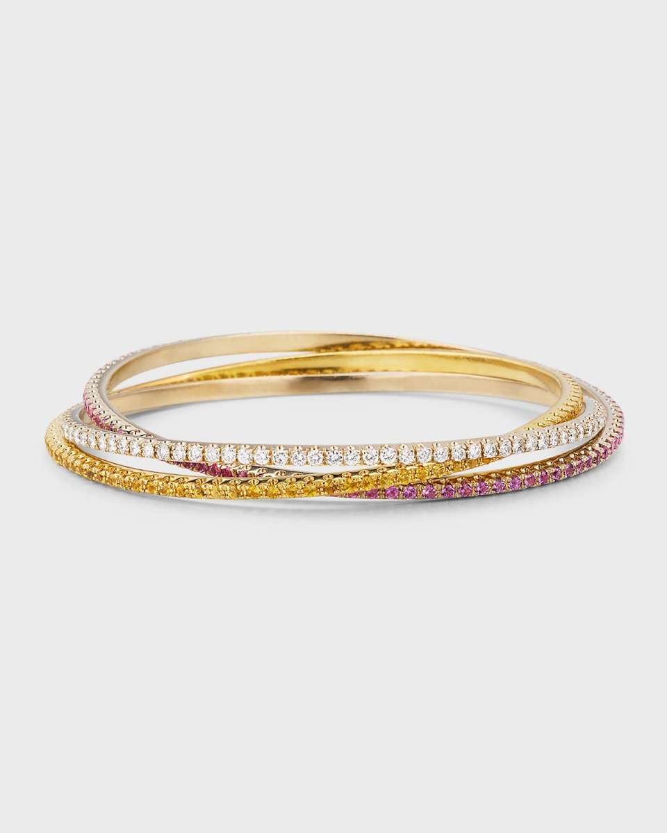 Estate 18K White and Yellow Gold Diamond, Yellow Sapphire and Pink Sapphire Bangles, Set of 3
