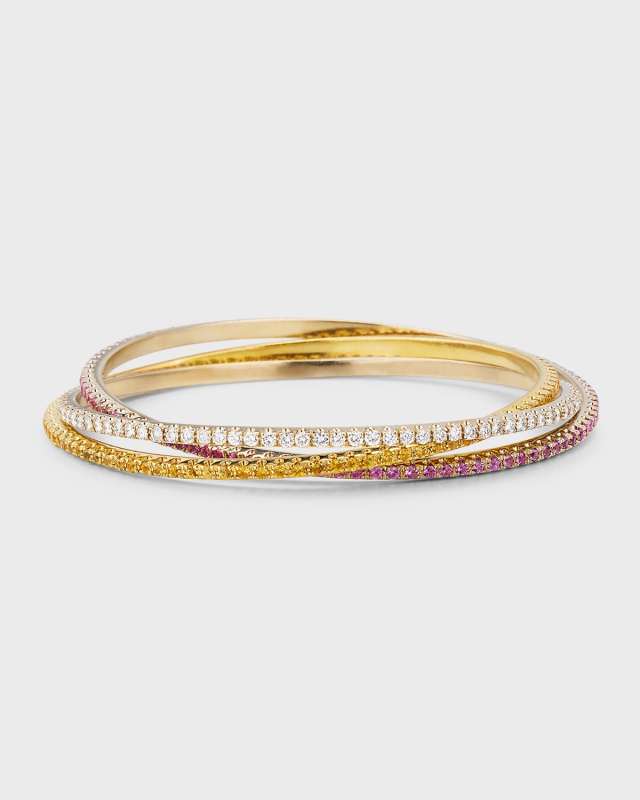 Estate 18K White and Yellow Gold Diamond, Yellow Sapphire and Pink Sapphire Bangles, Set of 3