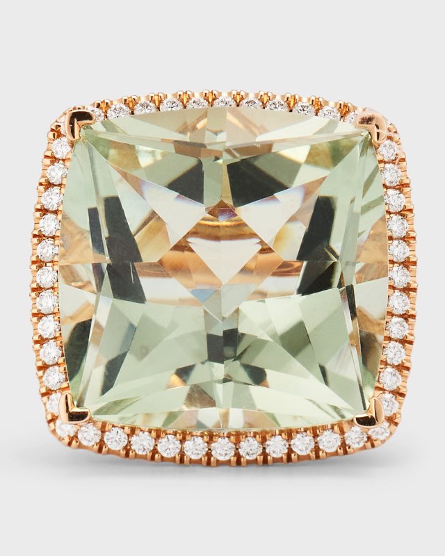 Rocks 18K Rose Gold Cushion Cut Green Quartz and Diamond Halo Cocktail Ring, Size 6