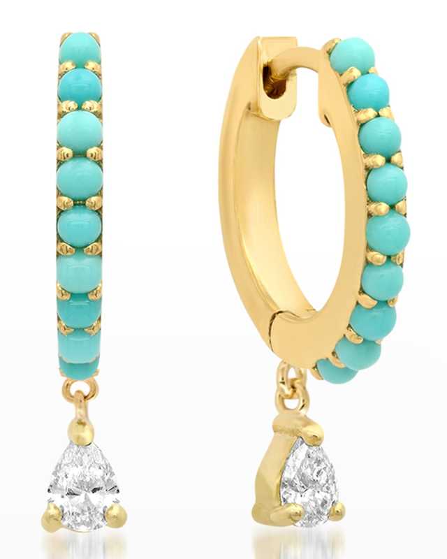 Small Turquoise Huggie Earrings with Pear-Cut Diamond Drop