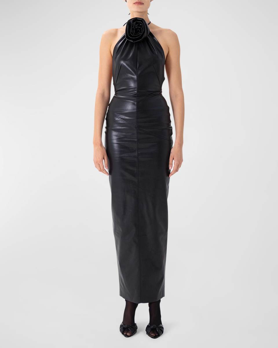 Danz Vegan Leather Rosette Long Halter Dress