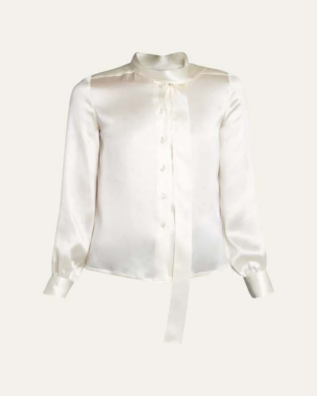 Scarf-Neck Lavalliere Button Down Silk Blouse