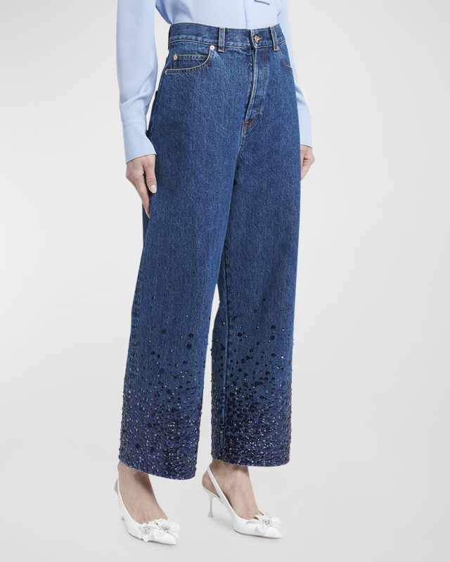 Sequin Embroidered Wide-Leg Ankle Denim Jeans