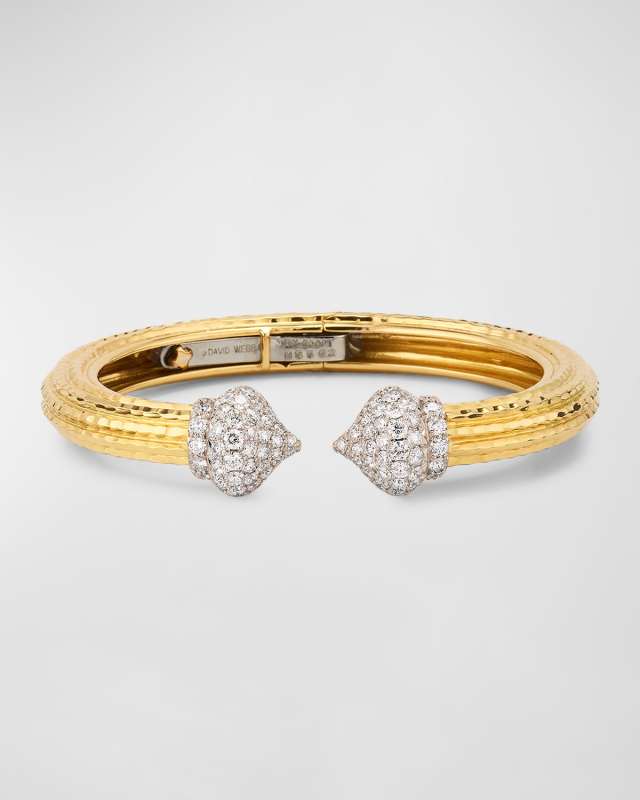 18K Yellow Gold Hammered Bracelet with Diamond Caps