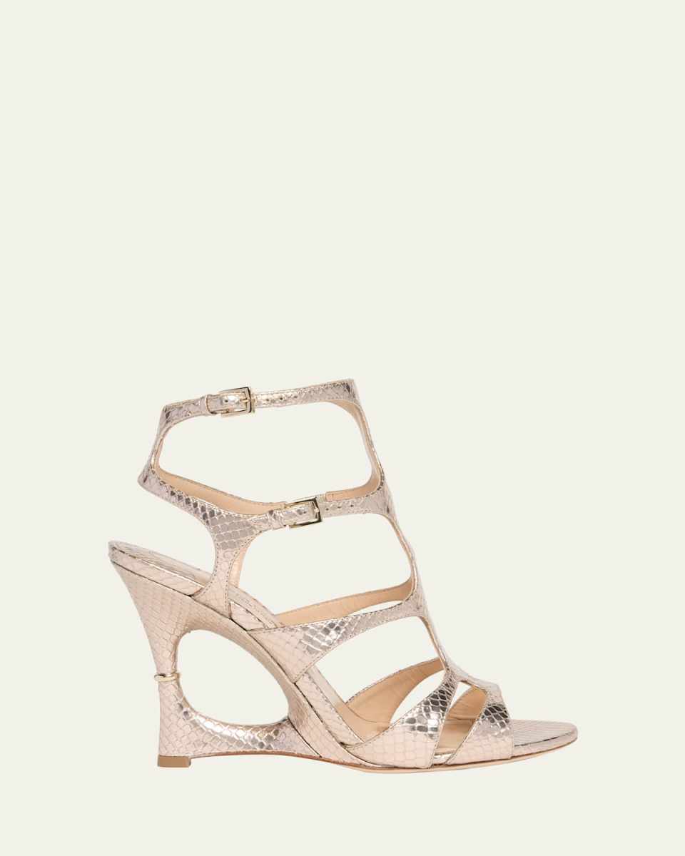 Python-Embossed Leather Caged Sandals