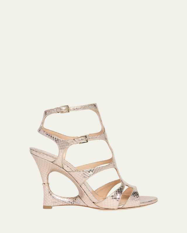 Python-Embossed Leather Caged Sandals