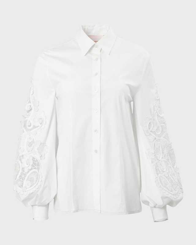 Embroidered Puff-Sleeve Button-Front Blouse