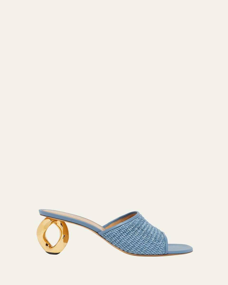 Raffia Chain-Heel Mule Sandals