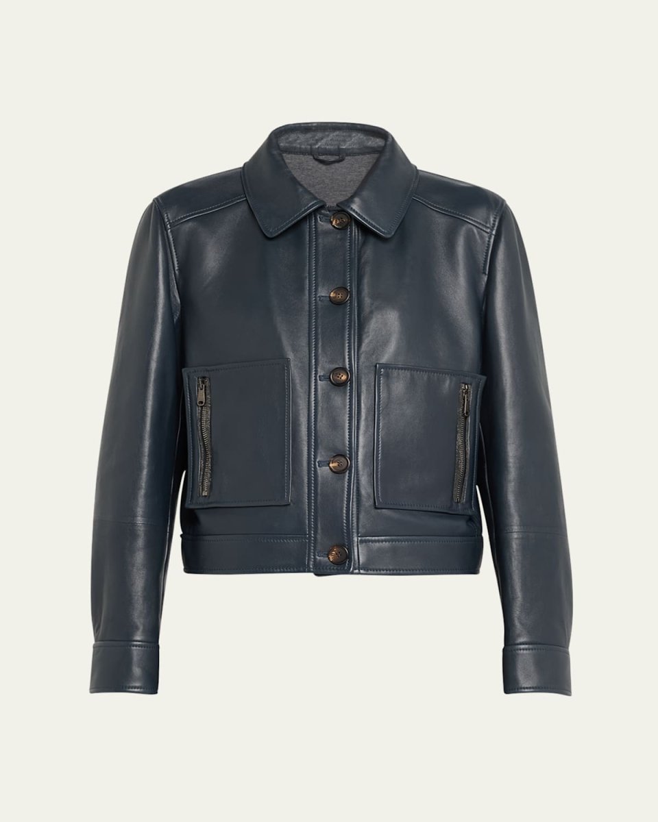 Smooth Glove Leather Crop Jacket With Monili Zip Pockets