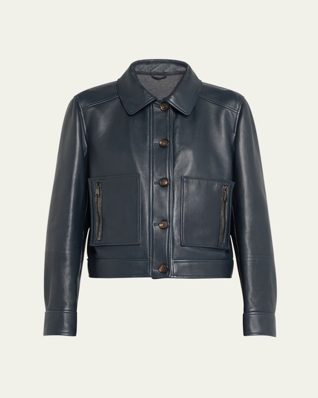 Smooth Glove Leather Crop Jacket With Monili Zip Pockets