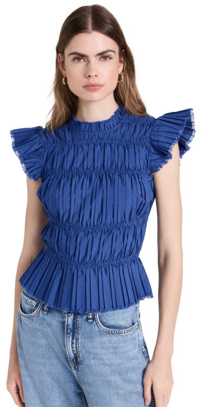 Sea Greir Pleating Flutter Sleeve Top Blue