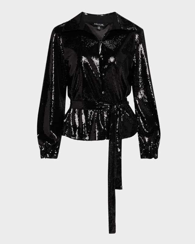 Tie-Waist Sequin Woven Shirt Jacket