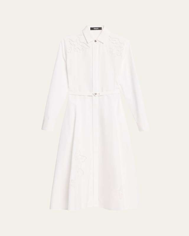 Barocco Ajour Embroidery Poplin Belted Midi Dress