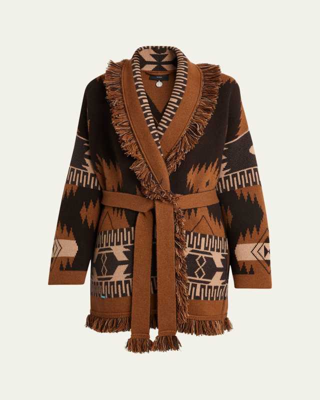 Icon Jacquard Fringe Belted Cashmere Cardigan