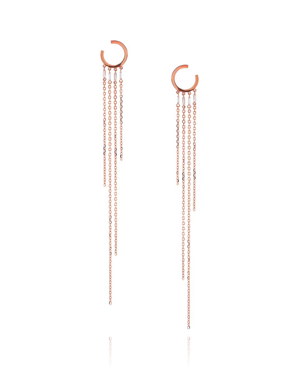 18k Rose Gold Mini Hoop & Diamond Baguette Fringe Earrings