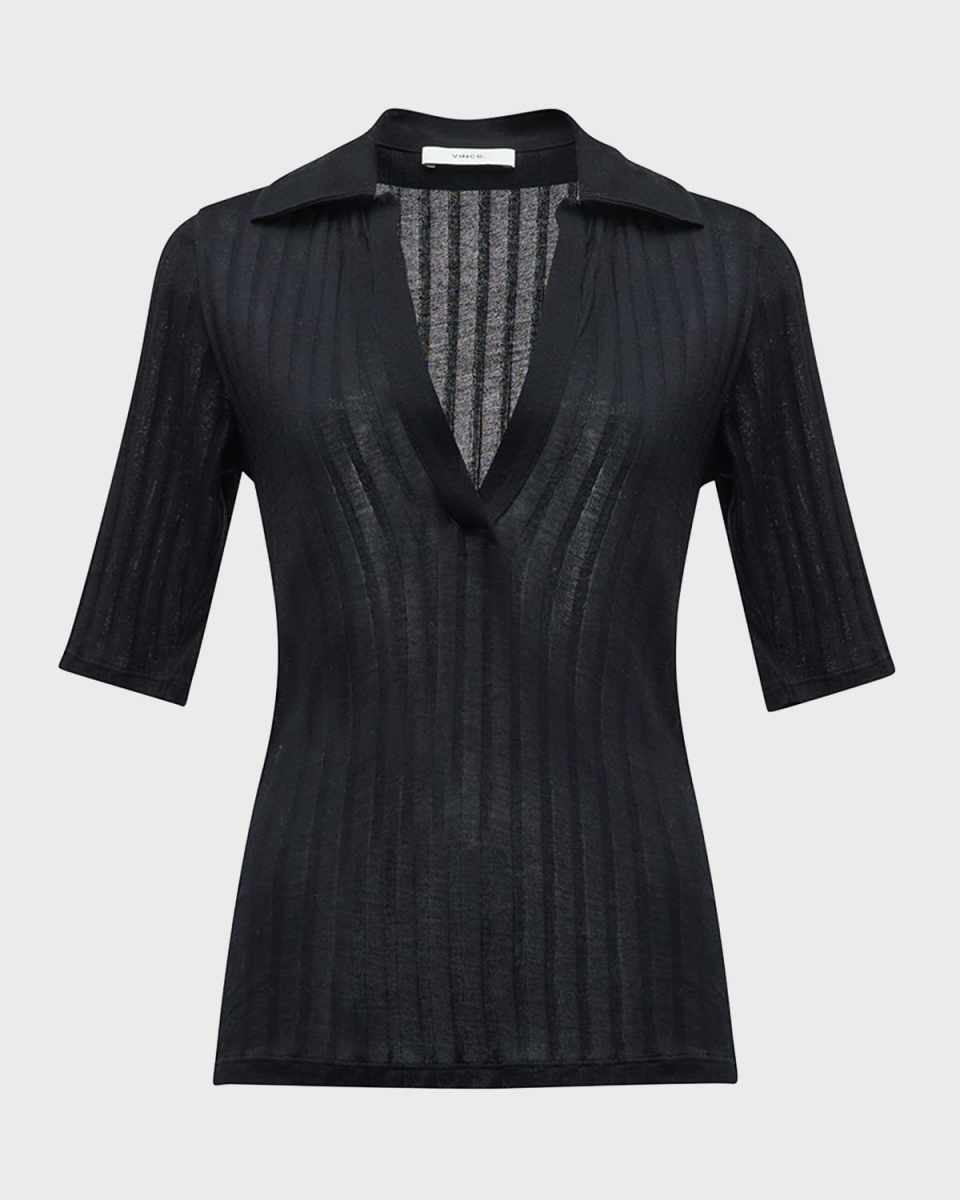 Elbow-Sleeve Silk Rib Polo Shirt