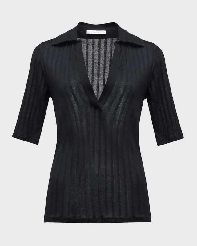 Elbow-Sleeve Silk Rib Polo Shirt