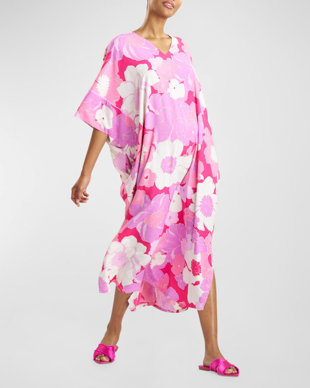 Croisette Floral-Print Matte Satin Caftan