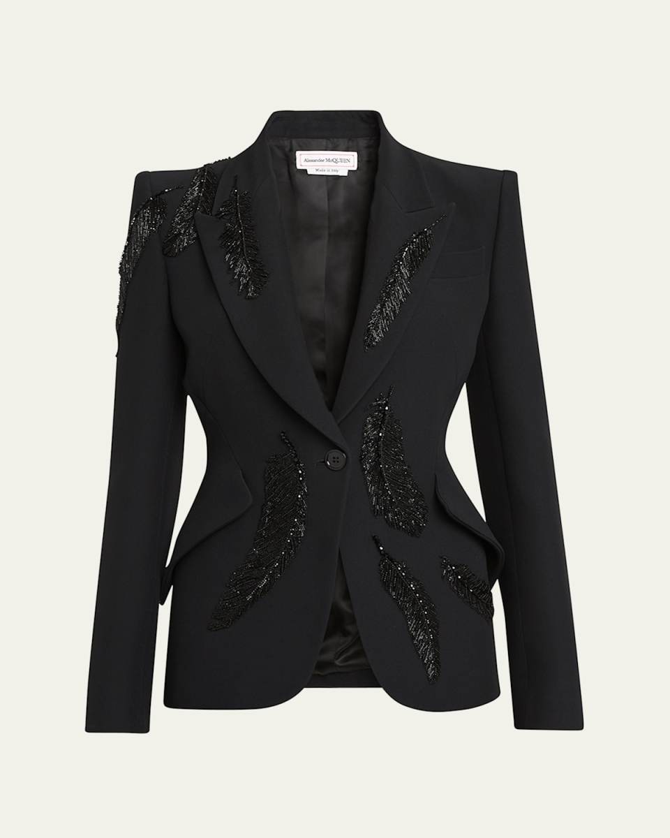 Tailored Blazer Jacket with Beaded Feather Embroidery