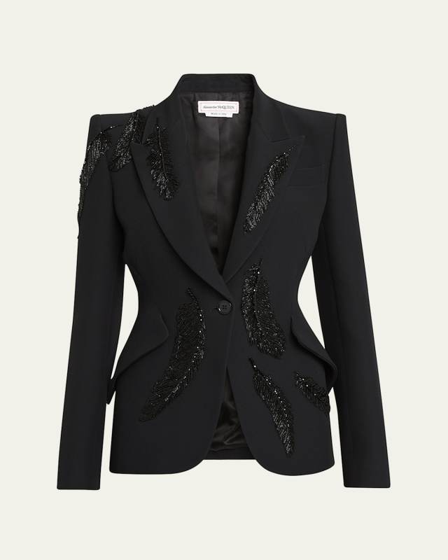 Tailored Blazer Jacket with Beaded Feather Embroidery