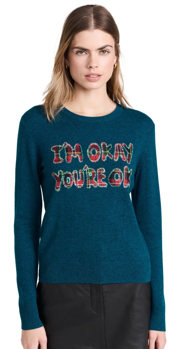 Lingua Franca I'm Okay You're Ok Classic Cashmere Crew Neck Pullover Peacock