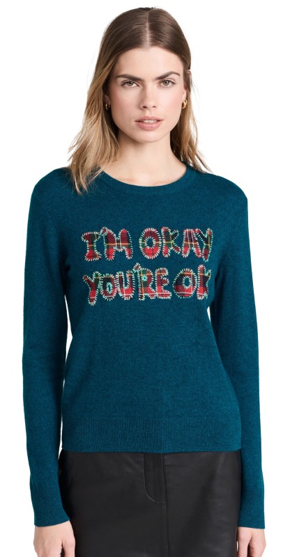 Lingua Franca I'm Okay You're Ok Classic Cashmere Crew Neck Pullover Peacock
