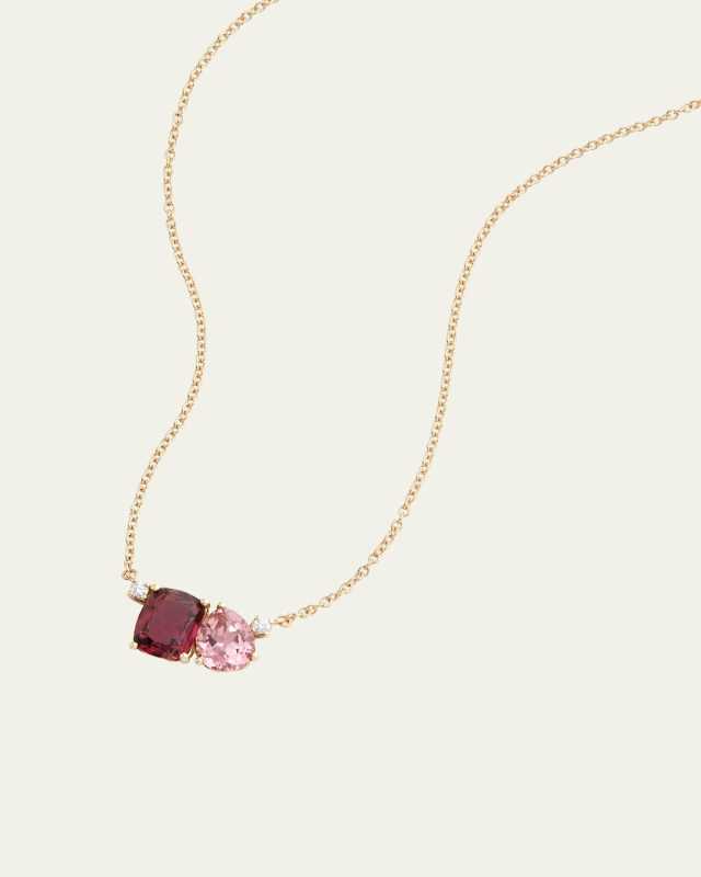 18K Yellow Gold Cushion Cut Dark Pink and Pear Shape Light Pink Tourmaline Necklace