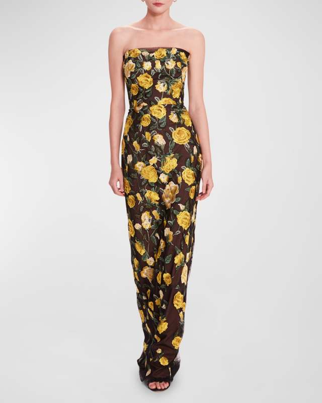 Strapless Floral-Embroidered Column Gown