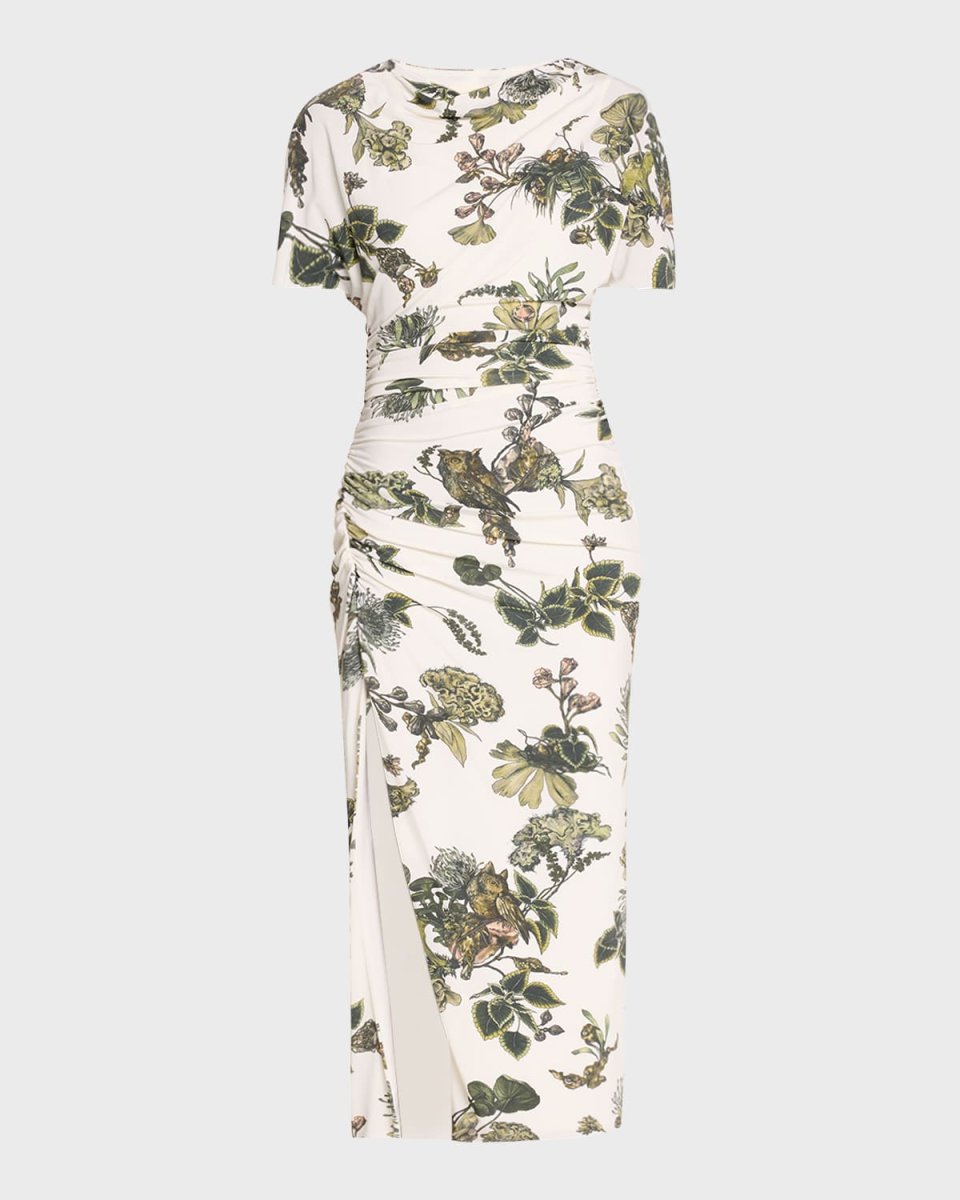 Floral Ruched Jersey Midi Dress with High Slit