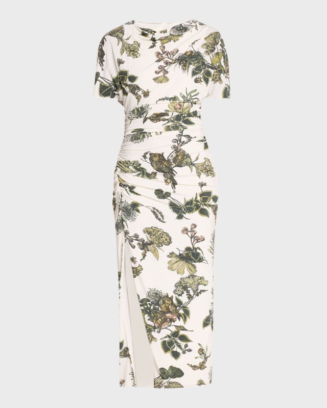 Floral Ruched Jersey Midi Dress with High Slit