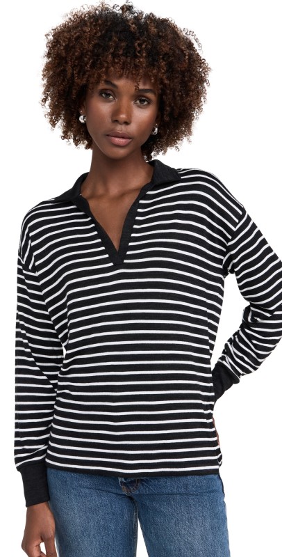 rag & bone The Knit Stripe Polo V Neck Blackwht