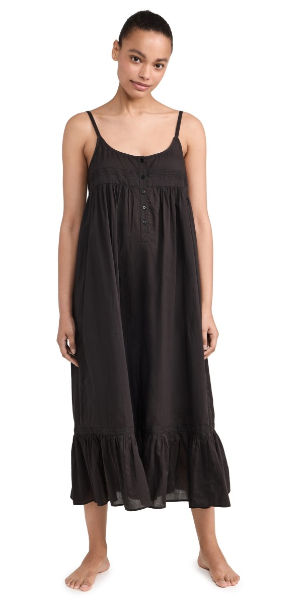 THE GREAT. The Eyelet Ruffle Tank Night Dress Black