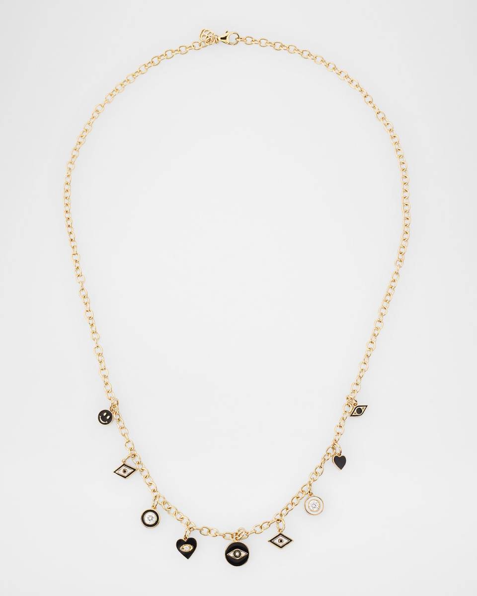 14K Yellow Gold Black and White Enamel Charm Necklace with Diamonds