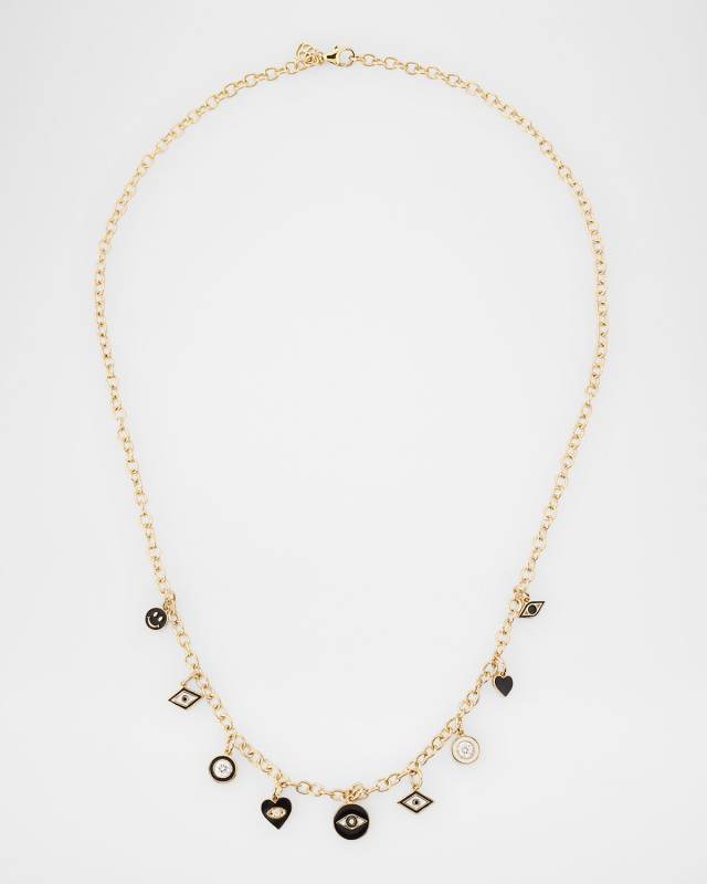 14K Yellow Gold Black and White Enamel Charm Necklace with Diamonds