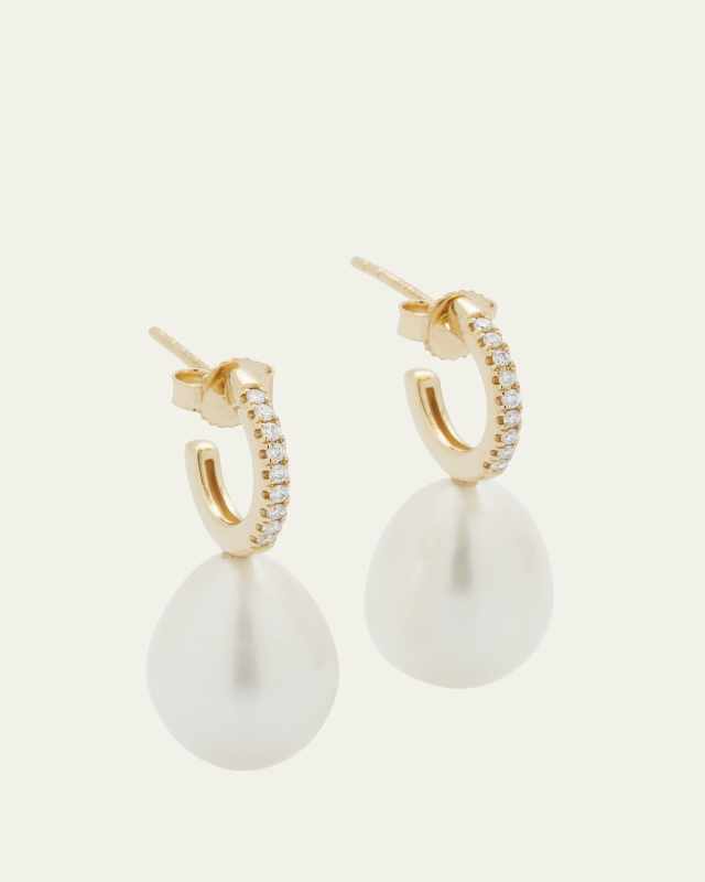 Small Pave Diamond Hoop Earrings with Large Freshwater Pearl Drops