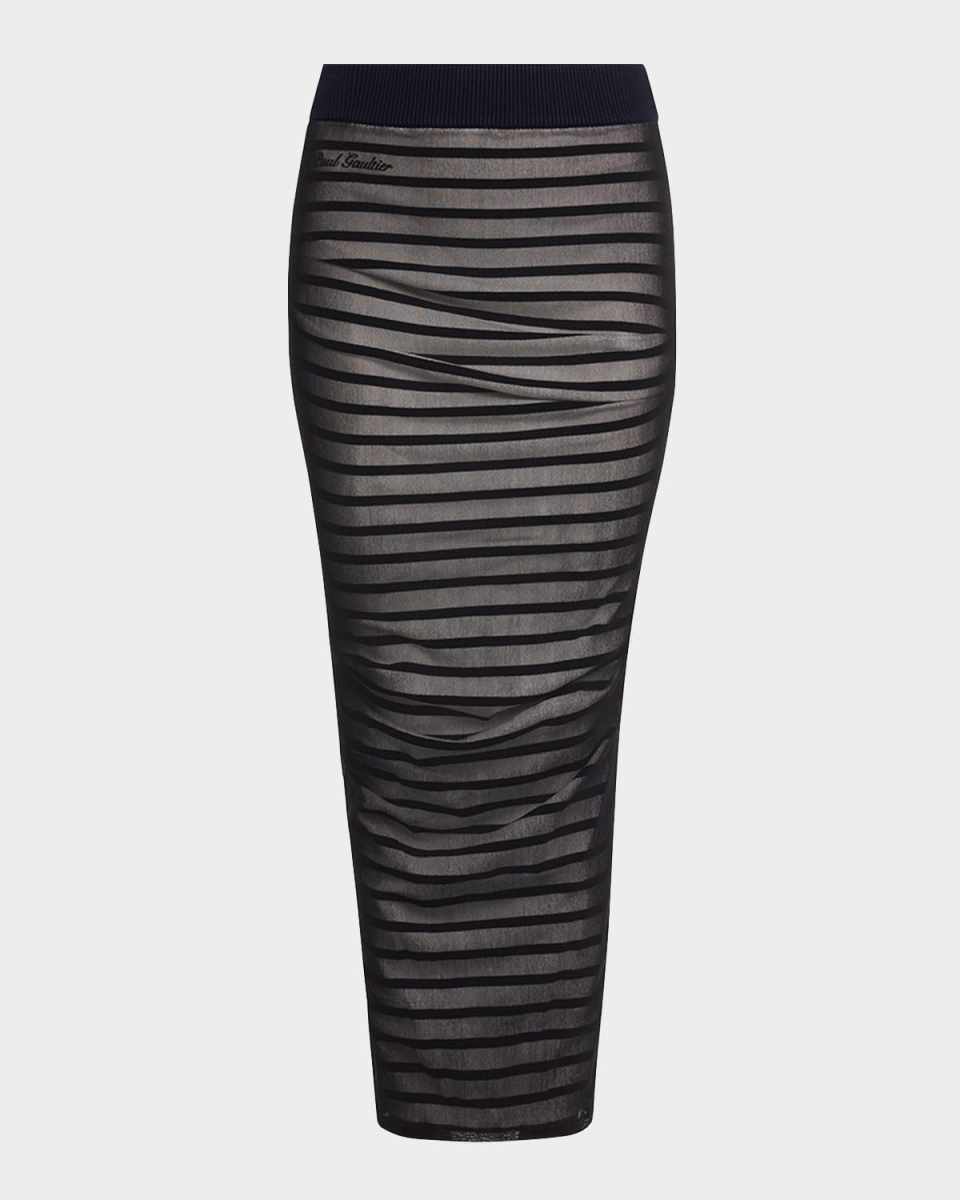Rib Mariniere Striped Mesh-Inset Maxi Skirt