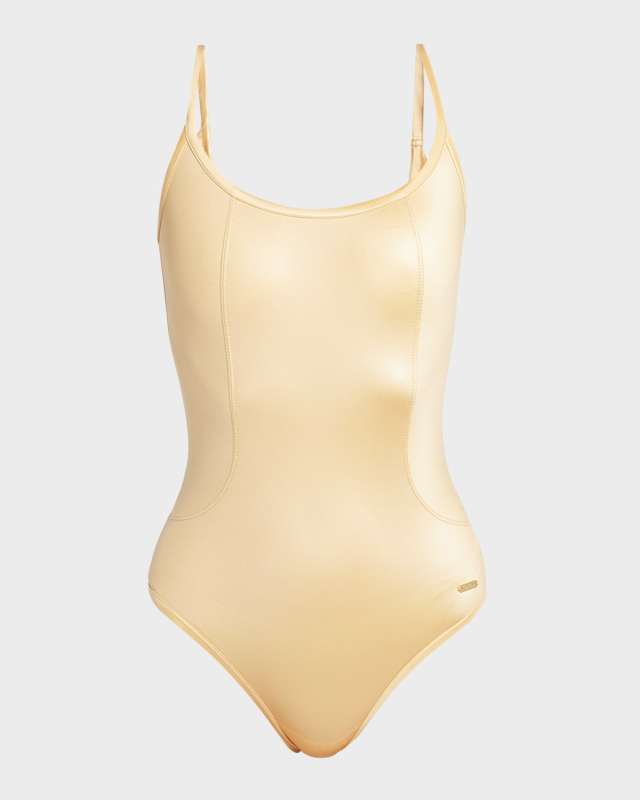 Lustrous Jersey One-Piece Swimsuit with Logo Metal Plaque