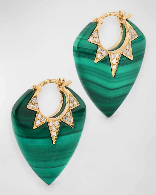 18K Yellow Gold Earrings with Malachite and GH-SI Diamonds, 25x20mm
