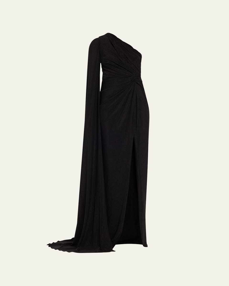 Metallic Jersey Cape-Sleeve Gown