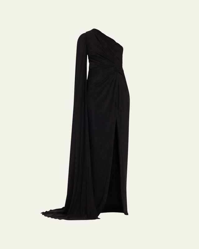 Metallic Jersey Cape-Sleeve Gown