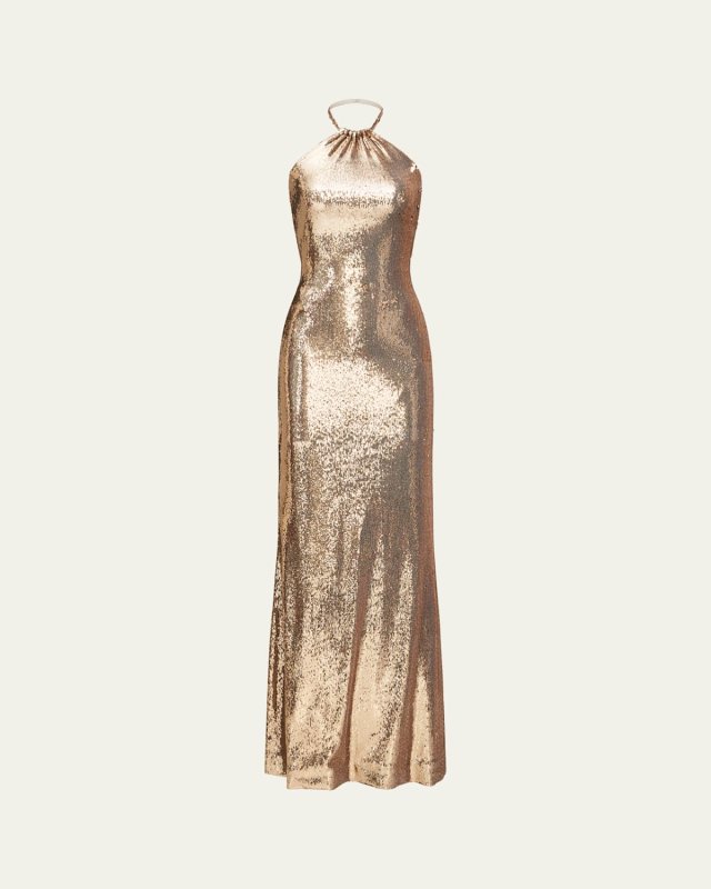 Jun Sequin Halter Column Gown
