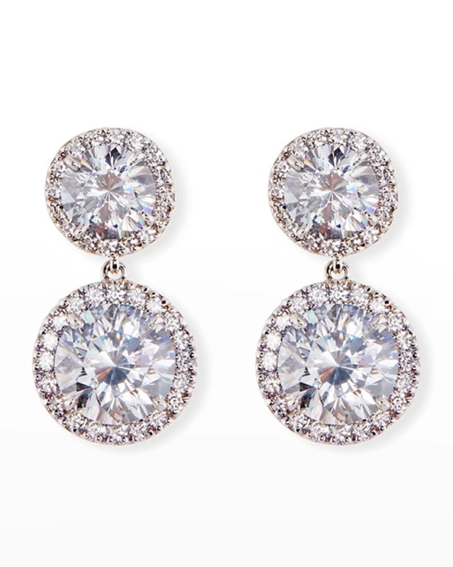 Round CZ Halo Double-Drop Earrings