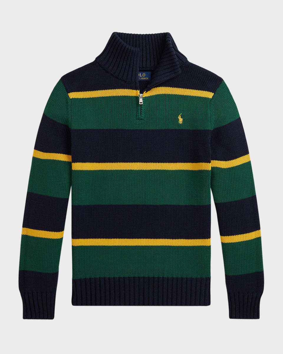 Boy's Striped Pony Embroidered Quarter Zip Sweater, Size S-XL
