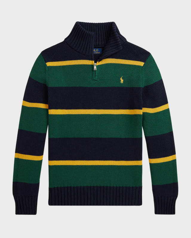 Boy's Striped Pony Embroidered Quarter Zip Sweater, Size S-XL