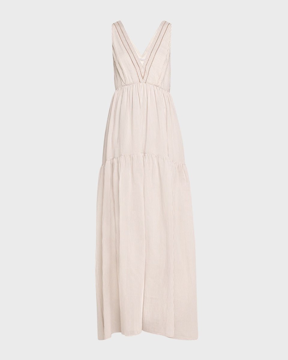 Cotton Silk Striped Maxi Dress with Ruffled Waist and Monili Detail