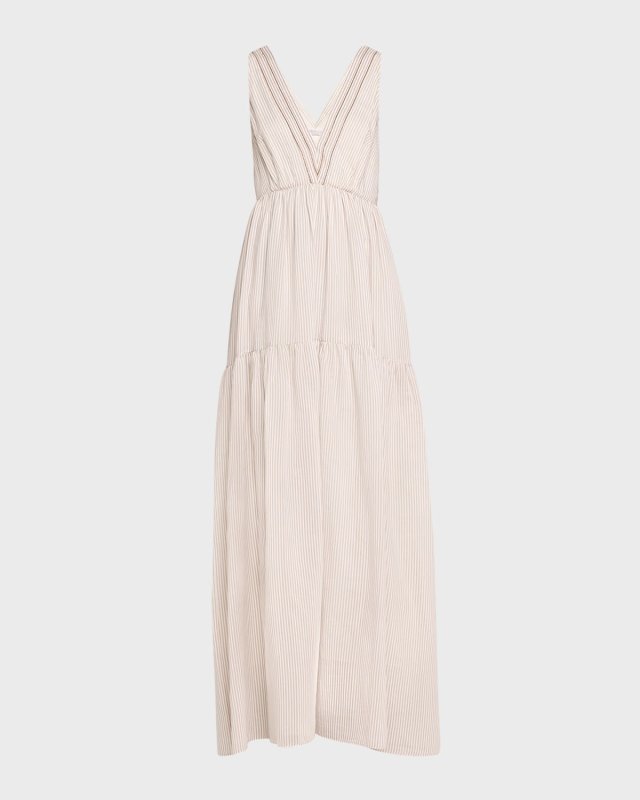 Cotton Silk Striped Maxi Dress with Ruffled Waist and Monili Detail